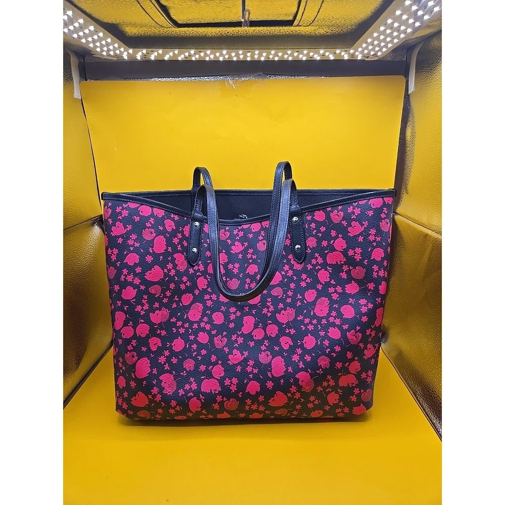 Coach City Tote Crossgrain Leather Pop Floral Print Navy Pink Handbag F66915 - Picture 2 of 10